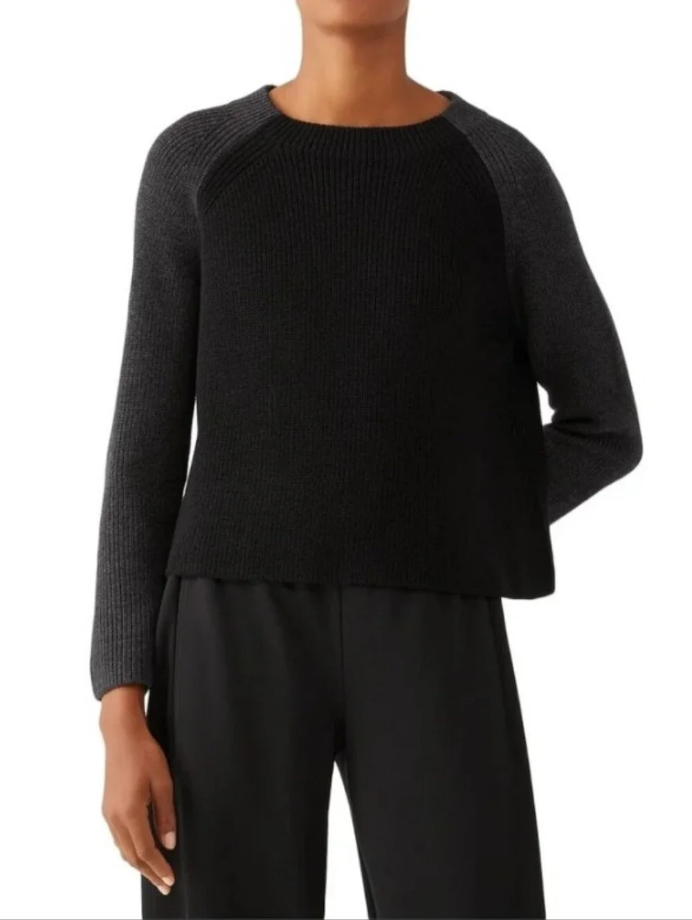 EILEEN FISHER Black Knit Color Block Long Sleeve Crew Neck Sweater Size XS